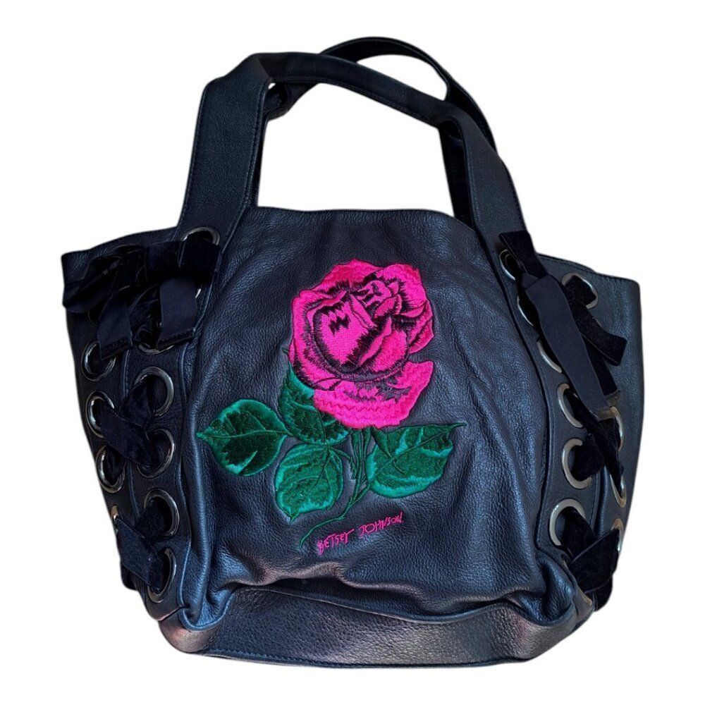 Betsey Johnson Women's Rose Black Embroidered  Leather Corset Tote - Picture 2 of 8